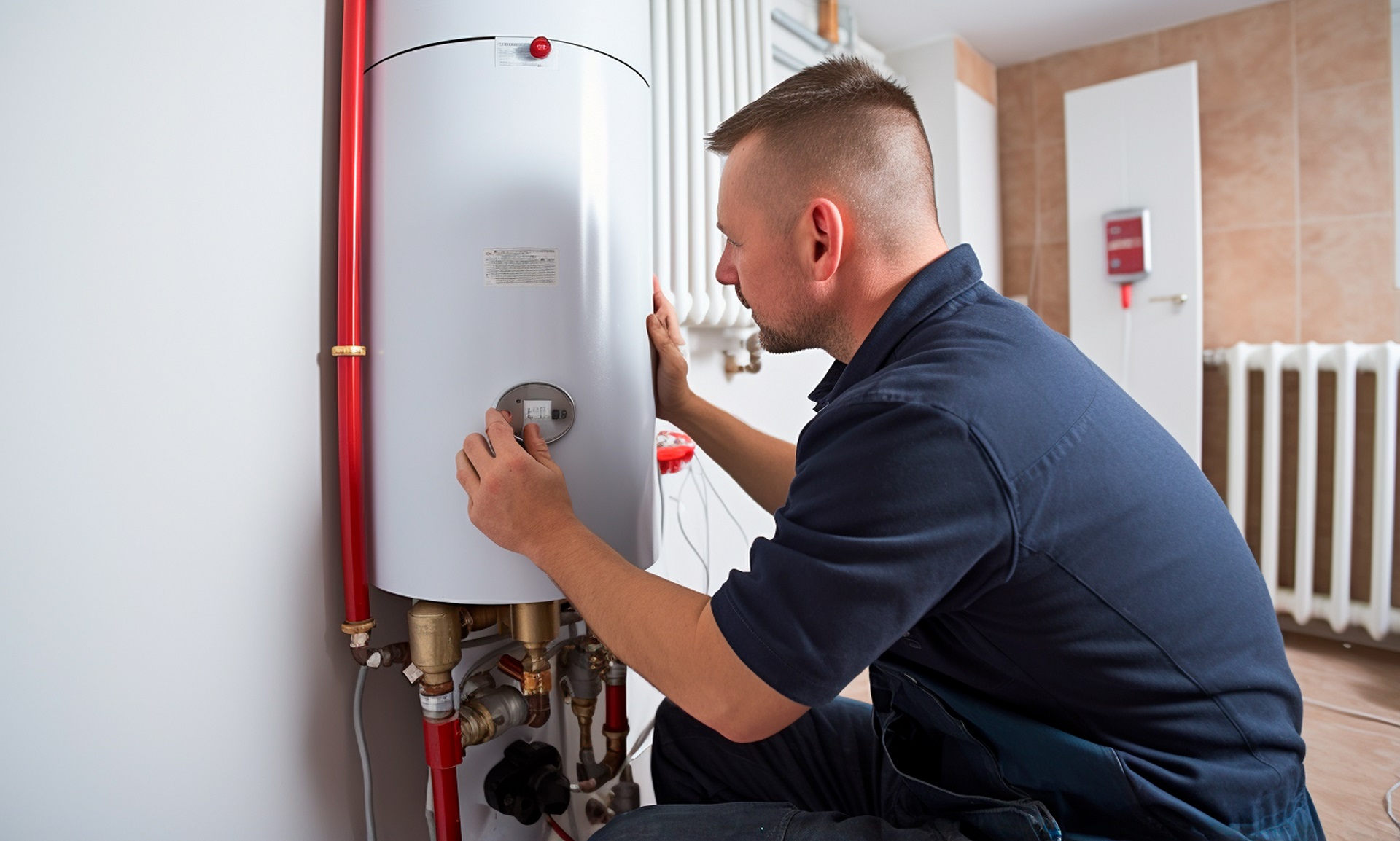 Technician inspecting a water heater, ensuring proper function and maintenance, relevant to common water heater problems faced by Easton homeowners.