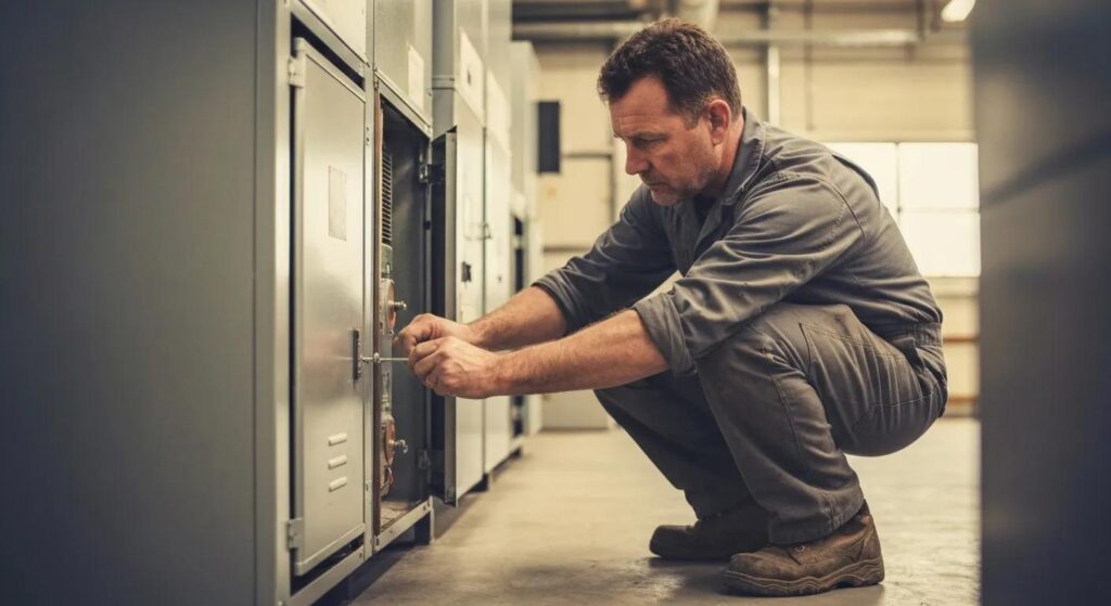 Technician tightening screws on a furnace panel to prevent rattling sounds