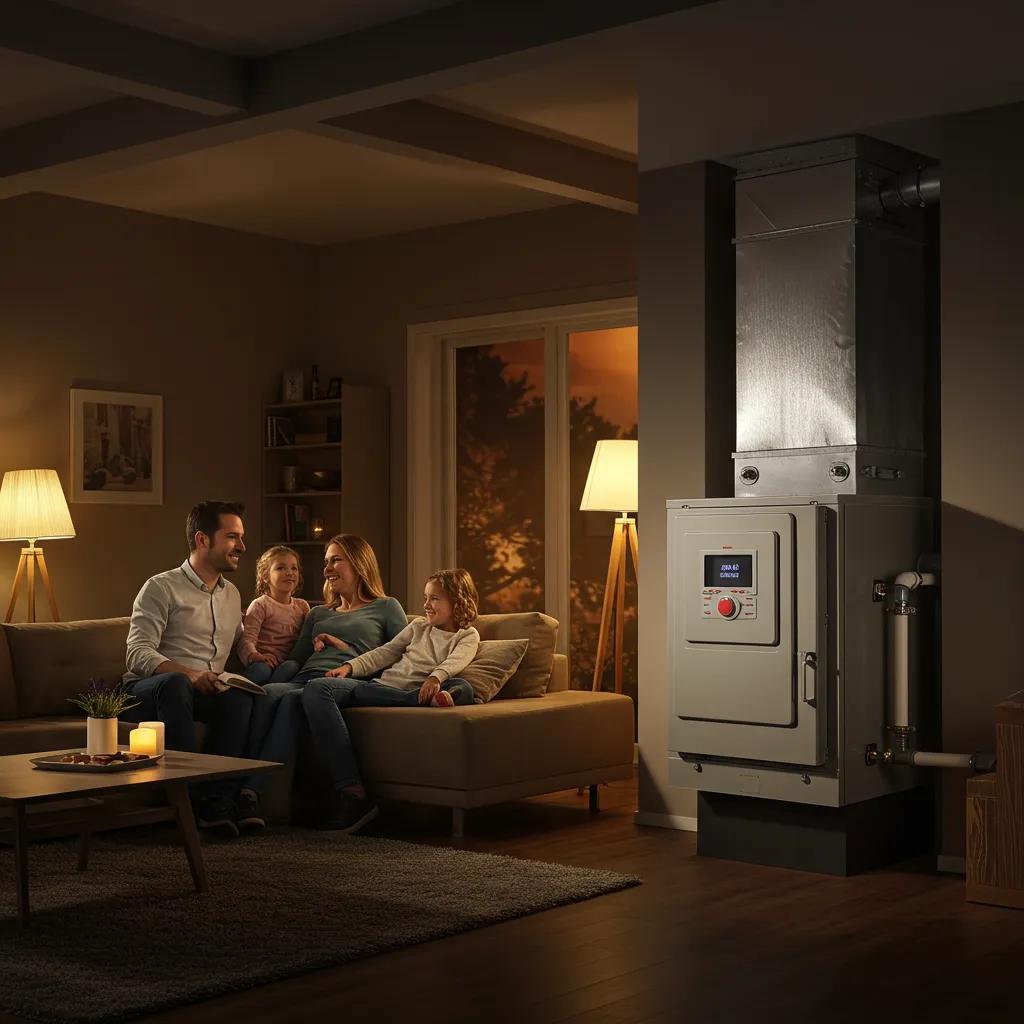 Cozy home interior with a modern furnace system, emphasizing warmth and comfort
