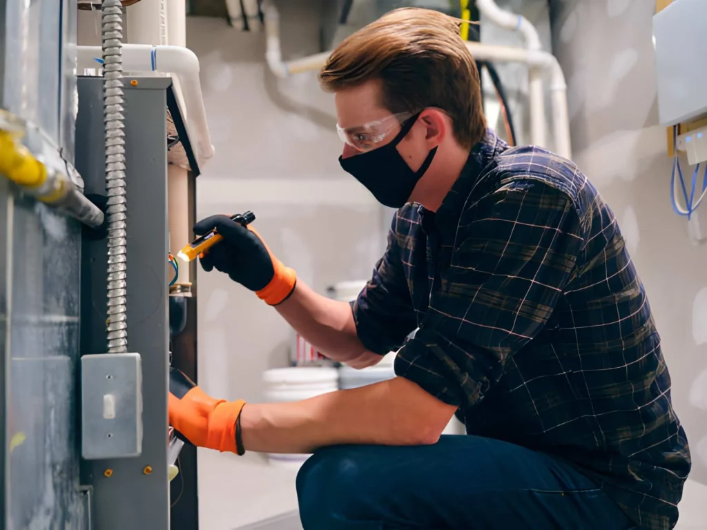 Why is My Furnace Not Heating? Troubleshooting Tips 2 Technician in a mask and gloves inspecting a furnace with a tool, emphasizing HVAC maintenance and repair services.