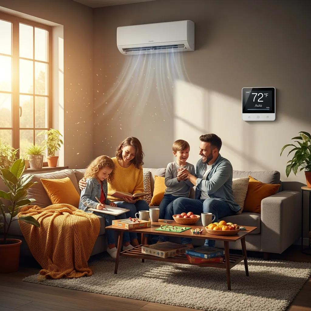 Why a Spring HVAC Tune-Up is Essential 2 Family enjoying a comfortable indoor environment with a visible HVAC system in a cozy living room
