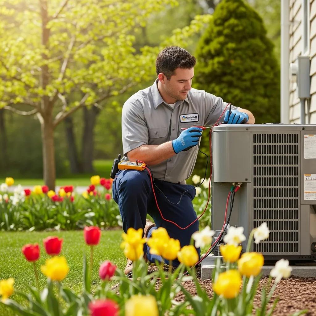 technician performing a spring hvac tune up on a residential air conditioning unit in a blooming garden ea18427d b358 4dd9 ad1b e2a9501e44b0