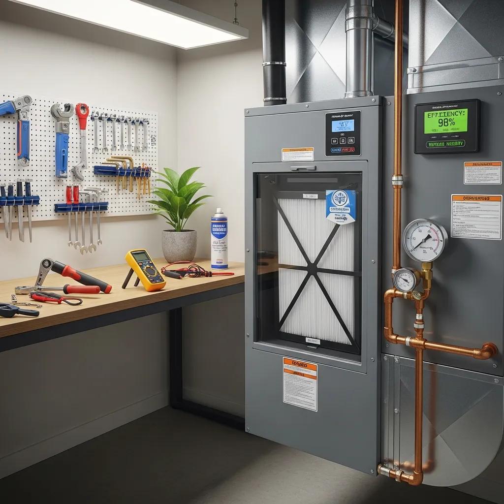 Why a Spring HVAC Tune-Up is Essential 3 Well-maintained HVAC system with clean air filter and tools in a bright utility room