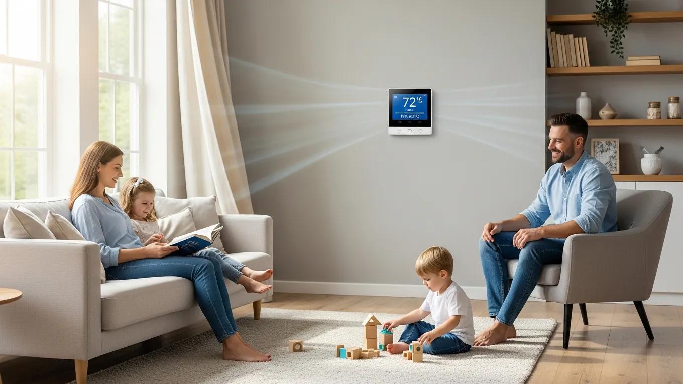 Top-Rated AC Services & Cooling Solutions 3 Family enjoying a comfortable living space with a programmable thermostat, showcasing energy efficiency
