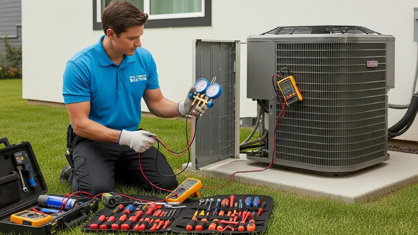 Top-Rated AC Services & Cooling Solutions 2 HVAC technician diagnosing an air conditioning unit, emphasizing expert repair services